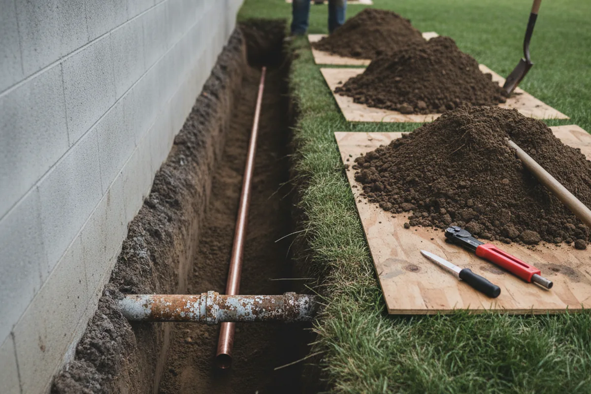 Excavated water line trench during Sewer Line Repair in Waco